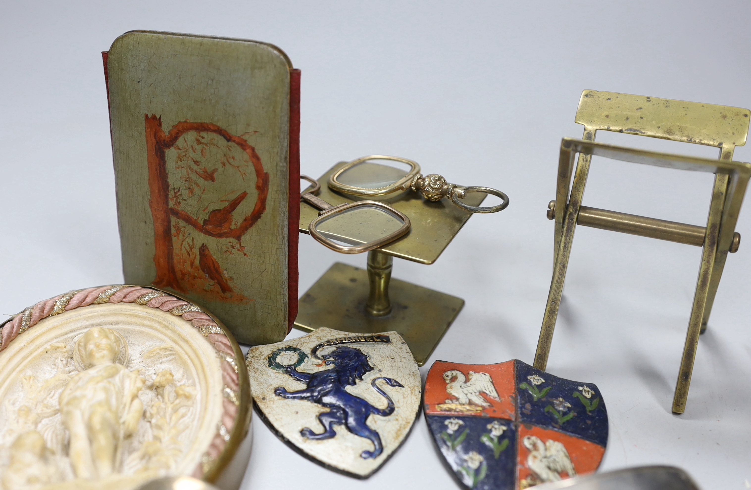 A collection of assorted collectables including a bosuns whistle, a J Baum & Co travelling sun dial/compass, small silver etc.